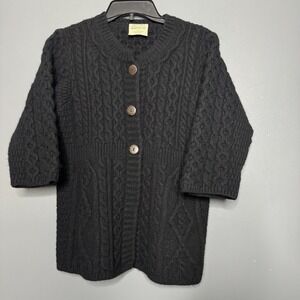Kilronan Knitwear Irish Merino Wool Half Sleeve cardigan Small Black Fisherman